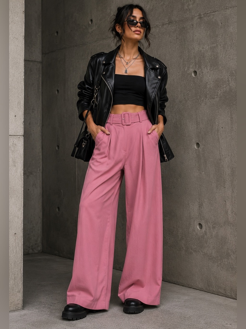 Cinq à Sept Pink Belted High Rise Pleated Cropped Wide Leg Pants Size 4 feminine